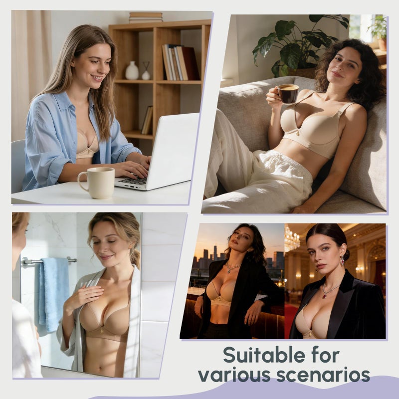 FallSweet Wireless Add 2 Cups Padded Plunge Bras Back Smoothing Push Up Brasieres, Beige, 38C - Image 5