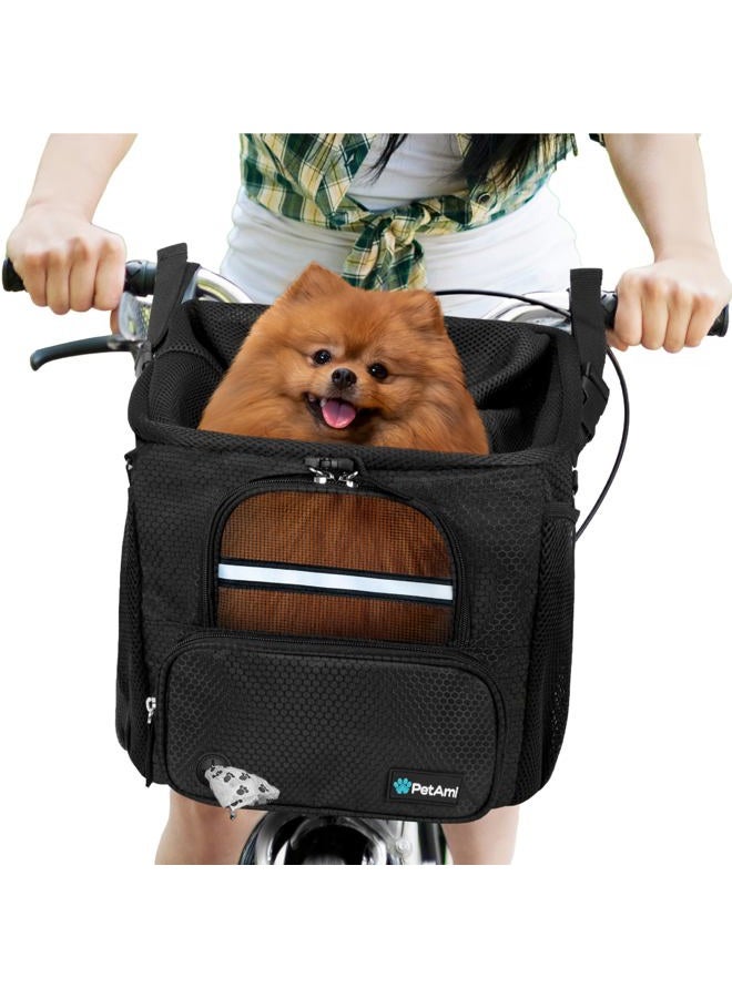 PetAmi سلة دراجة للكلاب، حاملة دراجة ناعمة الجوانب للكلاب، حقيبة ظهر لحاملة دراجة الكلاب، سلة دراجة للحيوانات الأليفة لمقود الدراجة، مقعد معزز للسيارة للكلاب الصغيرة والمتوسطة والقطط مع حزام أمان (أسود) - Image 1