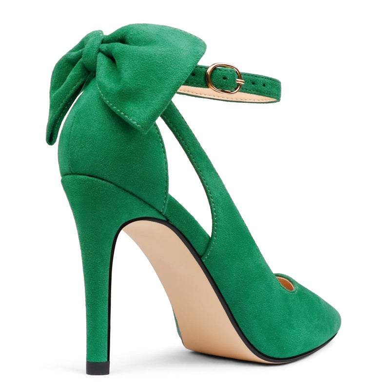 COLETER Womens Bow Knot High Heels Pointed Toe Stiletto Ankle Strap D'Orsay Pumps Bow Evening Dress Shoes Suede Green 6US - Image 5
