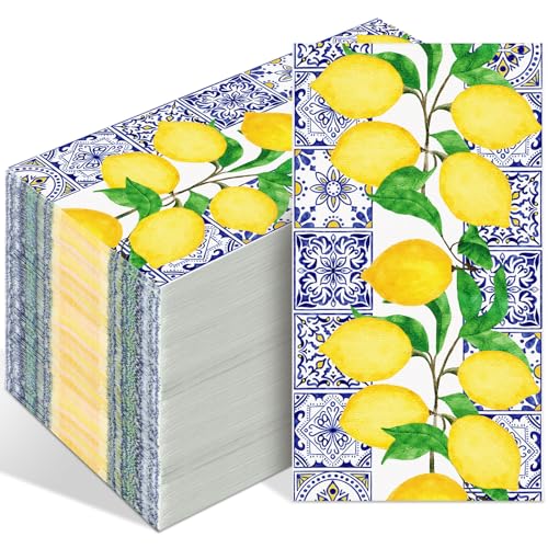Tinlade 100 Pcs Disposable Paper Hand Towels for Bathroom Paper Guest Towels for Powder Room Disposable Dinner Napkins for Birthday Bridal Shower Tea Party Supplies Table Decor Lemon - Image 1