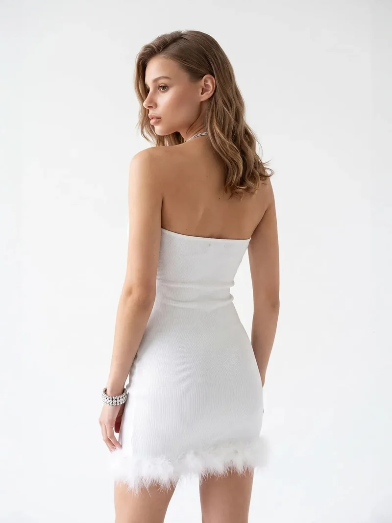 Mixray White MIXRAY Women's Ribbed Halter Mini Dress With Stone Detail for Women | Best Price UAE