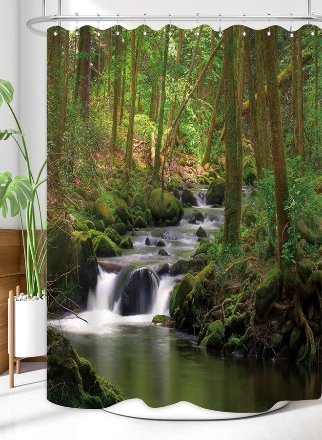 ZXMBF Nature Shower Curtain Flowing Stream Forest Waterfall Natural Landscape Green Trees Jungle Mossy Rocks Themed Scenery Waterproof Fabric Bathroom Decor 72x72 Inch Plastic Hooks 12PCS - Image 4