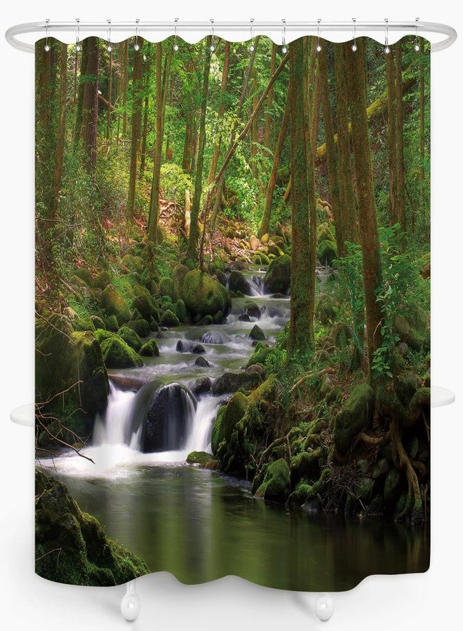 ZXMBF Nature Shower Curtain Flowing Stream Forest Waterfall Natural Landscape Green Trees Jungle Mossy Rocks Themed Scenery Waterproof Fabric Bathroom Decor 72x72 Inch Plastic Hooks 12PCS - Image 3