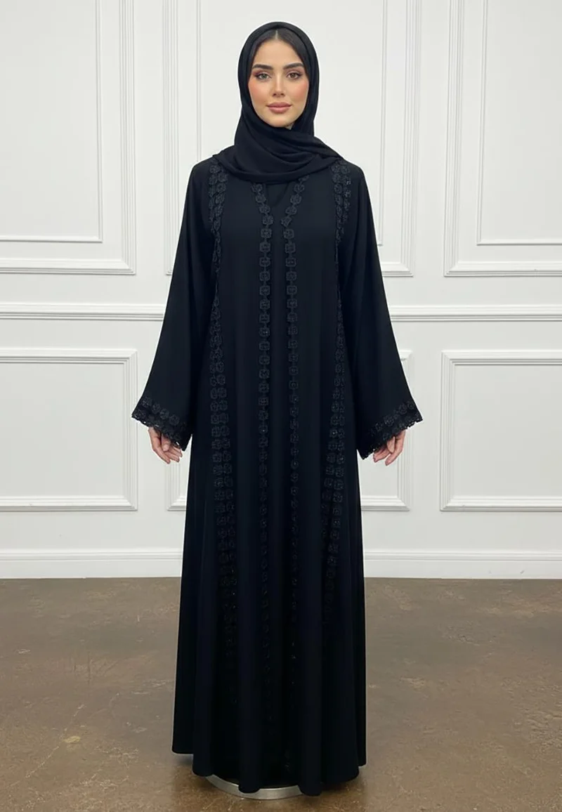 NUKHBAA Lace Embroidered Open Abaya-877