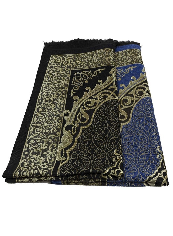 Modefa Islamic Prayer Rug Thin Woven Chenille and Taffeta Turkish Sajadah Intricate Design Metallic Ottoman Mat (Black + Blue) - Image 2