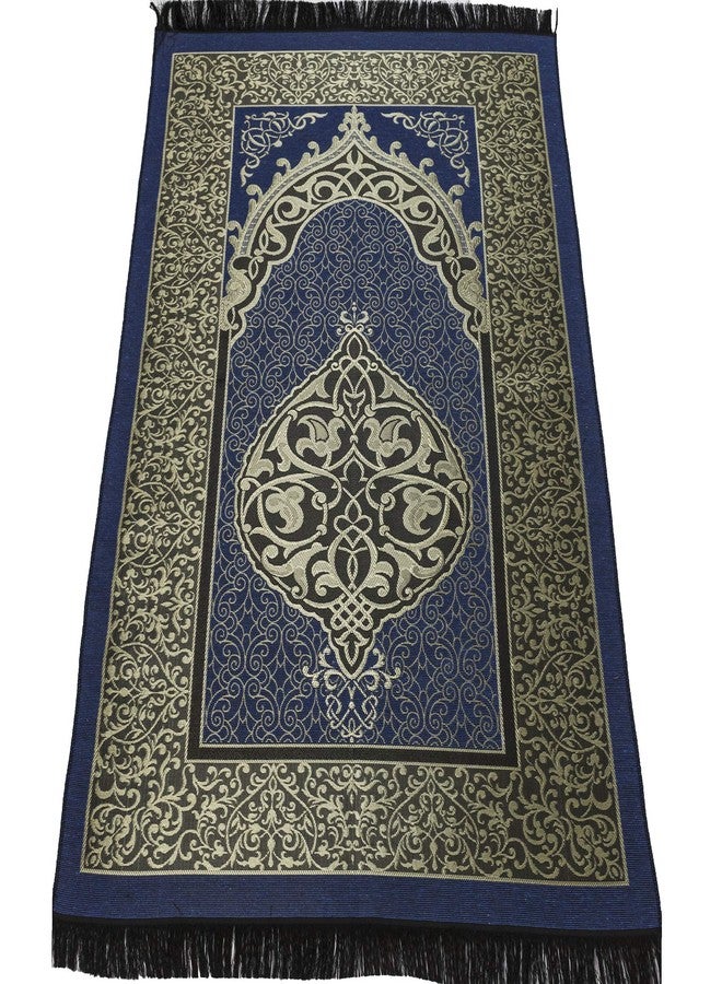 Modefa Islamic Prayer Rug Thin Woven Chenille and Taffeta Turkish Sajadah Intricate Design Metallic Ottoman Mat (Black + Blue) - Image 4