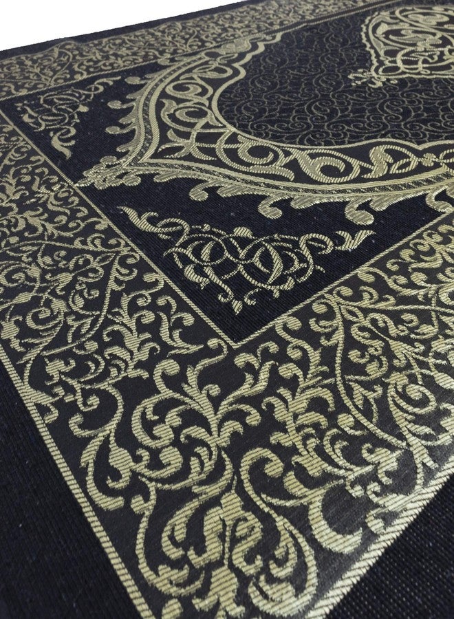 Modefa Islamic Prayer Rug Thin Woven Chenille and Taffeta Turkish Sajadah Intricate Design Metallic Ottoman Mat (Black + Blue) - Image 5