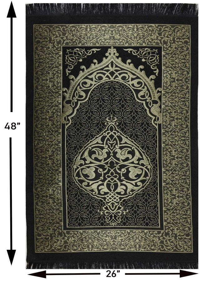 Modefa Islamic Prayer Rug Thin Woven Chenille and Taffeta Turkish Sajadah Intricate Design Metallic Ottoman Mat (Black + Blue) - Image 3