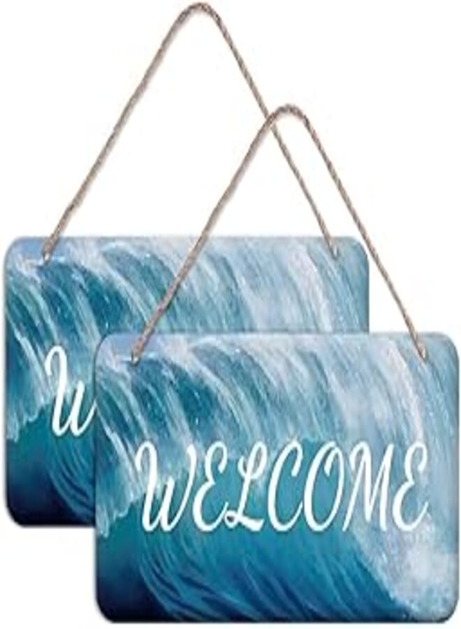 SUPERDANT 2Pcs Welcome Door Sign Ocean Pattern Rectangle Door Wall Hanging Sign Rustic Wood Door Sign Plaque with Hanging String Home Decoration for Farmhouse Porch Garden Yard 30x15cm
