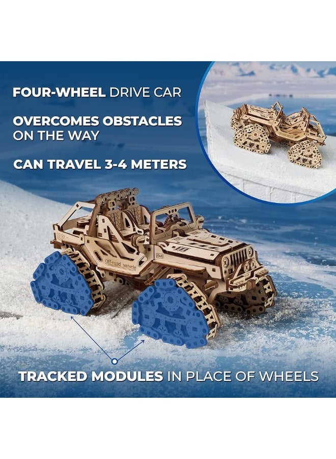 UGEARS Tracked Off-Road Vehicle - 4WD Model Vehicle Kits to Build - DIY 3D Car Model Puzzle with Spring Motor, 2 Driving Modes, Openable Hood with Engine - 3D Wooden Puzzles for Adults - Image 4