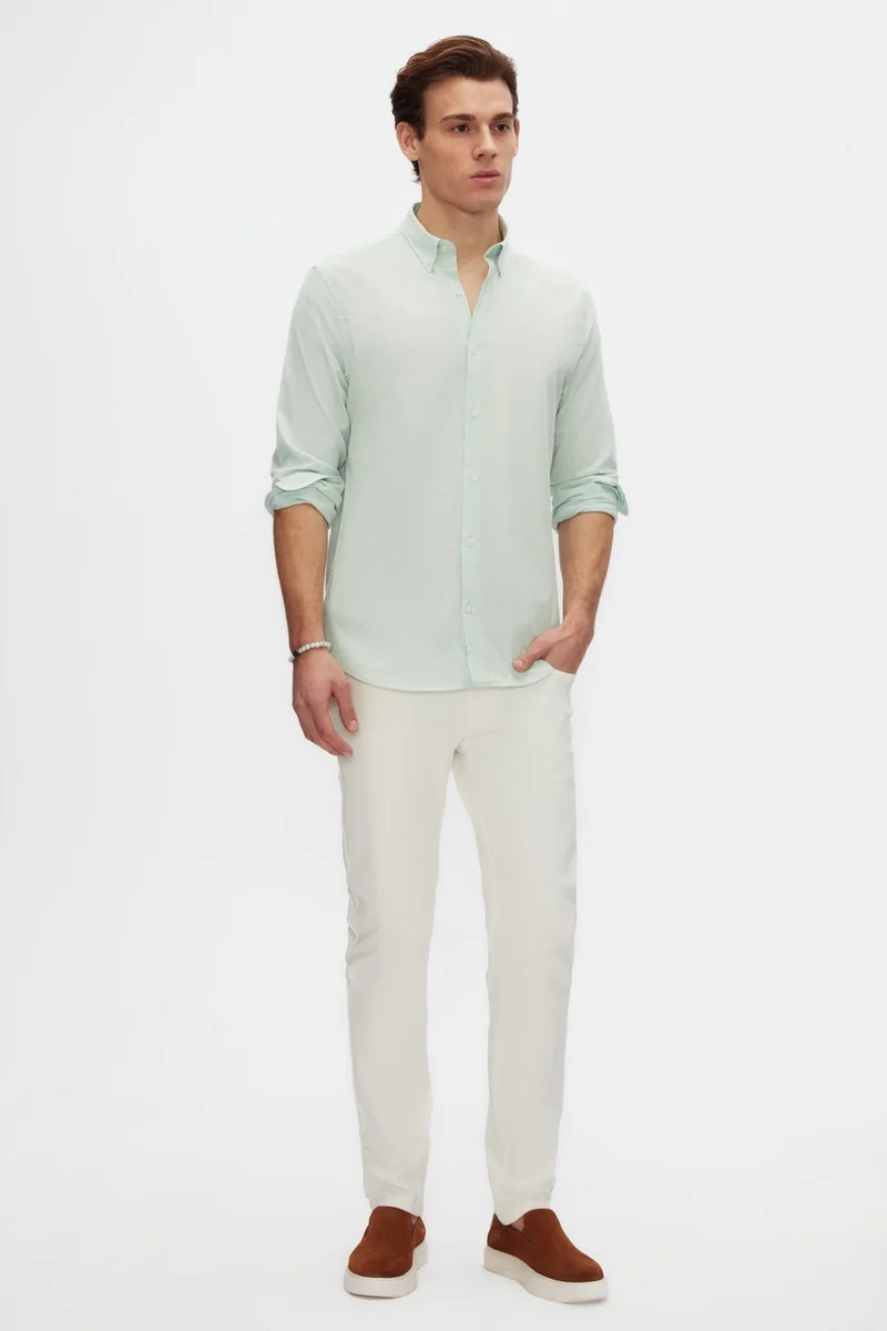 D'S DAMAT D'S Groom Ds Groom Comfort Green Button-down Collar Relaxed Cut Linen Look Cotton Shirt 2HC02ORT64265