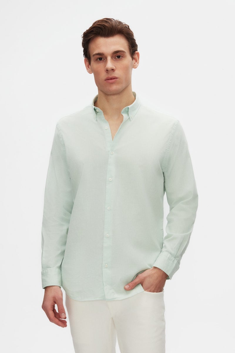 D'S DAMAT D'S Groom Ds Groom Comfort Green Button-down Collar Relaxed Cut Linen Look Cotton Shirt 2HC02ORT64265 - Image 1