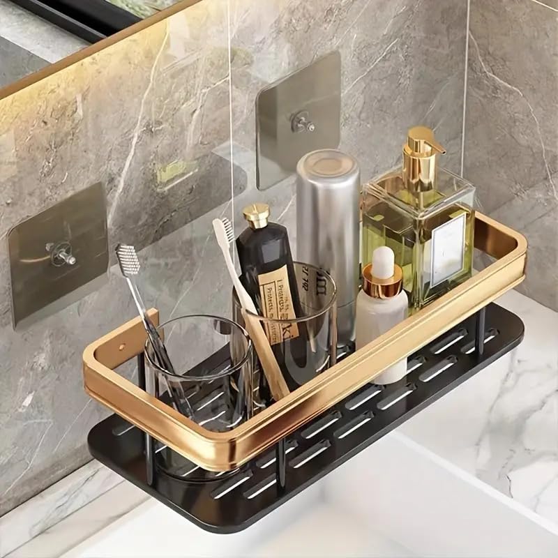 SAJANI Golden Wall Mounted Shower Caddy Shelf, Space-Saving Large Capacity Aluminum Storage Rack, Multifunctional Storage Rack for Bathroom and Kitchen (Pack of 1) (Shelf Rack) - Image 2