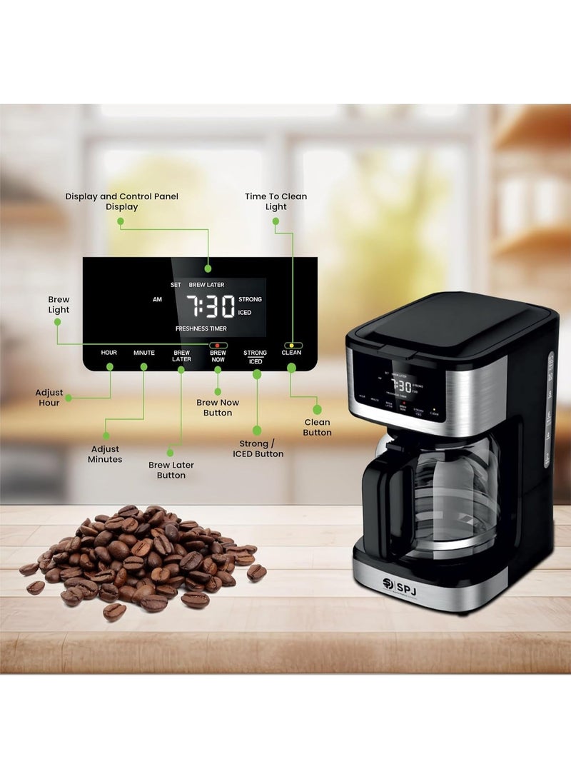 SPJ 12-Cup Coffee Maker – Hot & Iced Brew Coffee Machine | Adjustable Brew Strength | 40-Minute Keep Warm | Self-Clean Function | Smart Touch-Screen Control | 1-Year Warranty (Silver & Black) - Image 3