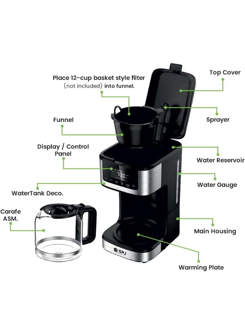 SPJ 12-Cup Coffee Maker – Hot & Iced Brew Coffee Machine | Adjustable Brew Strength | 40-Minute Keep Warm | Self-Clean Function | Smart Touch-Screen Control | 1-Year Warranty (Silver & Black) - Image 4