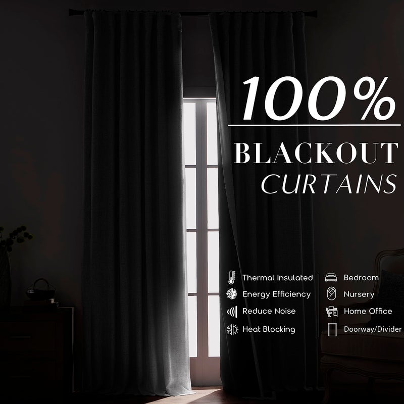PANELSBURG 108 Inch White Extra Long Curtains for Bedroom Hook Tape for Traverse Curtain Rod 100% Blackout Light Dark Out Faux Linen Long Curtains for Living Room 9FT Length Back Tab No Clip or Rings One Pair - Image 5