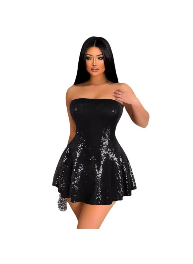Black Sleeveless Tube Top Waist Slimming Sequin Dress
