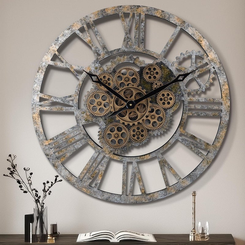 Lafocuse 23 Inch Real Moving Gear Wall Clock, Steampunk Wooden Large Wall Clock for Living Room Decor, Farmhouse - Image 1