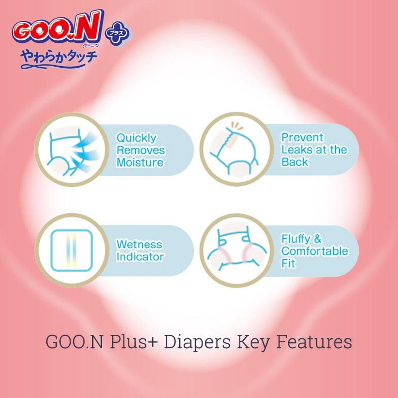 Goon حفاضات GOO.N Plus+ حجم XL (حتى 44 رطل) للجنسين 38 قطعة أحزمة لاصقة للبشرة الحساسة، مصنوعة في اليابان - Image 3