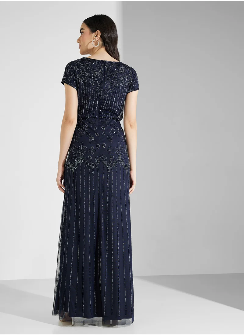 ادريانا بابيل Embellished Mesh Blouson Evening Dress