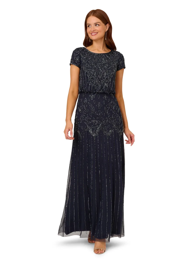 Adrianna Papell Embellished Mesh Blouson Evening Dress