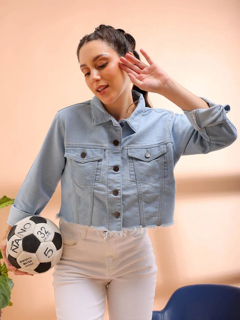 Freehand Women Casual Slim Fit Long Sleeve Distressed Denim Jacket