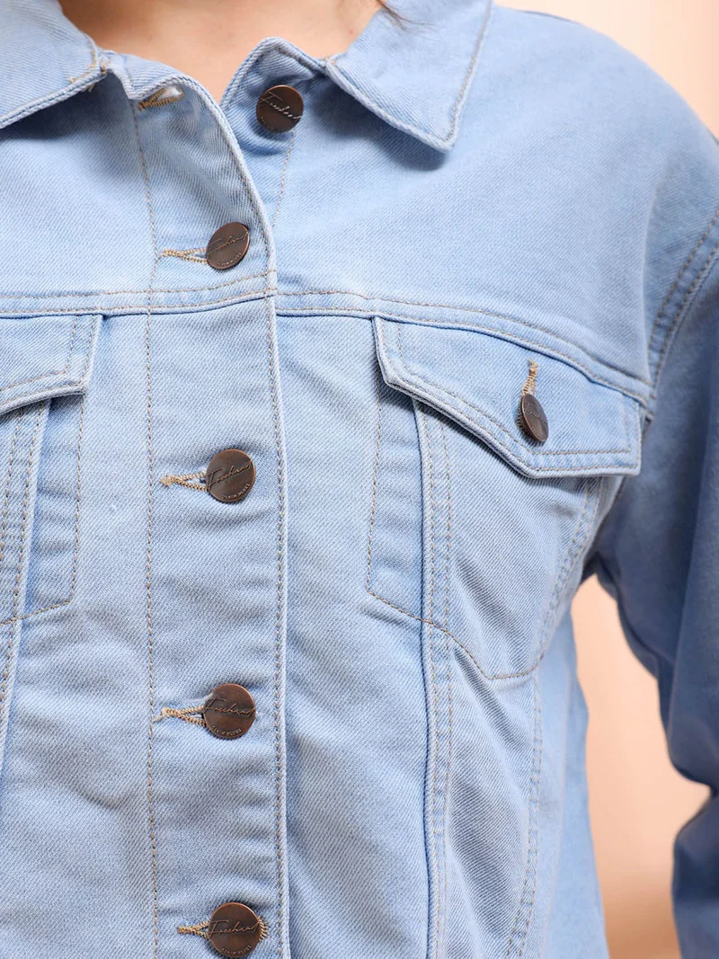 Freehand Women Casual Slim Fit Long Sleeve Distressed Denim Jacket