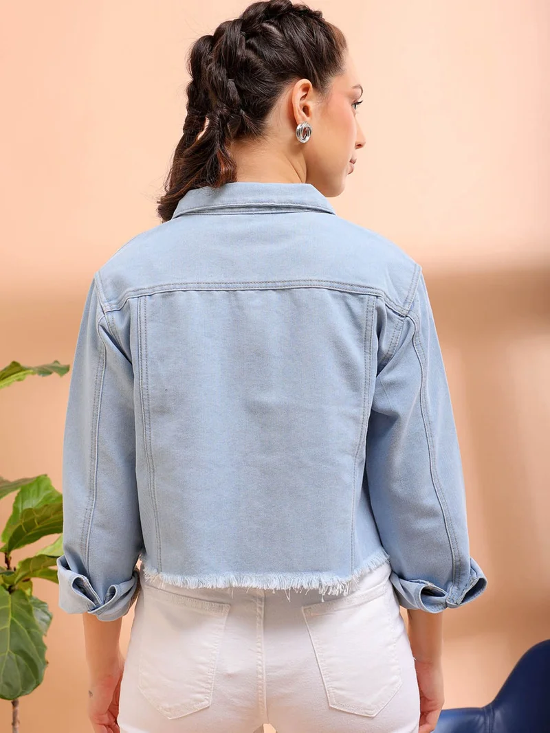Freehand Women Casual Slim Fit Long Sleeve Distressed Denim Jacket