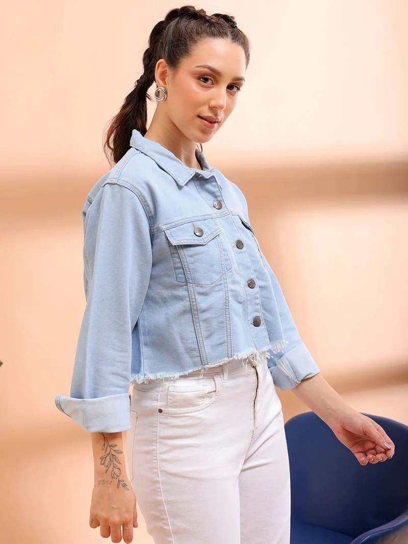 Freehand Women Casual Slim Fit Long Sleeve Distressed Denim Jacket