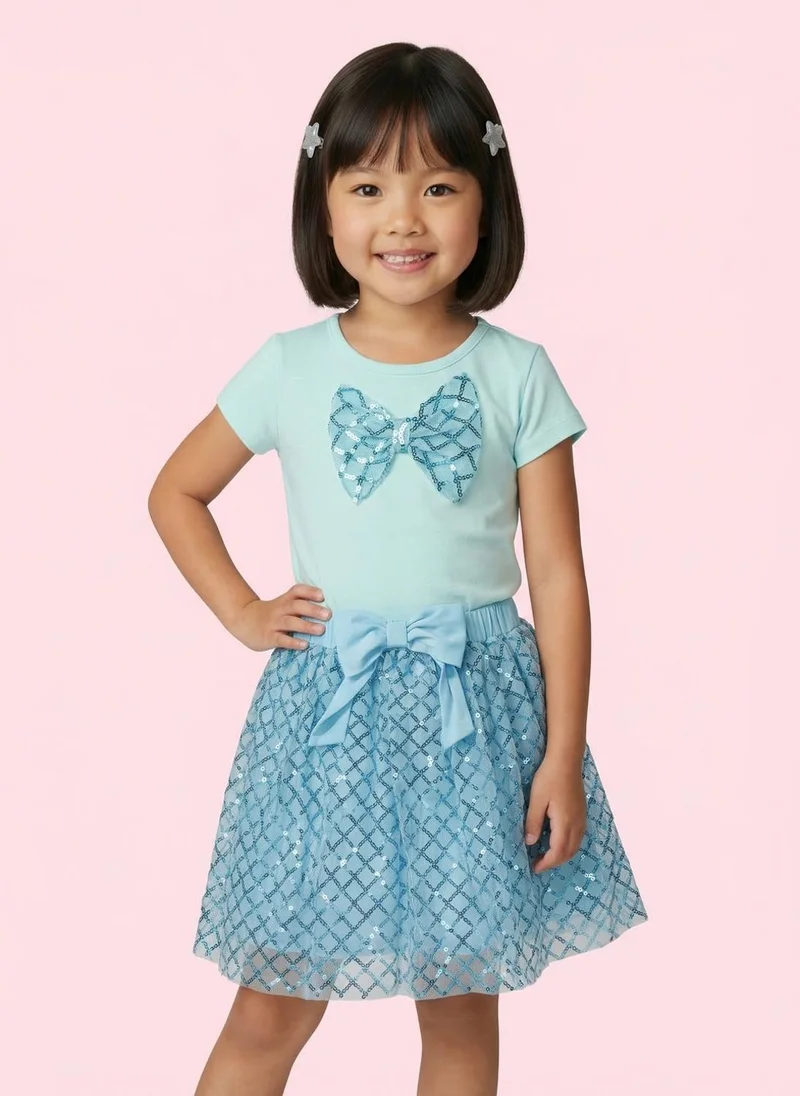 نوتيناتي Nautinati Girls Blue Sequined T-Shirt And Skirt With Satin Bow Clothing Set