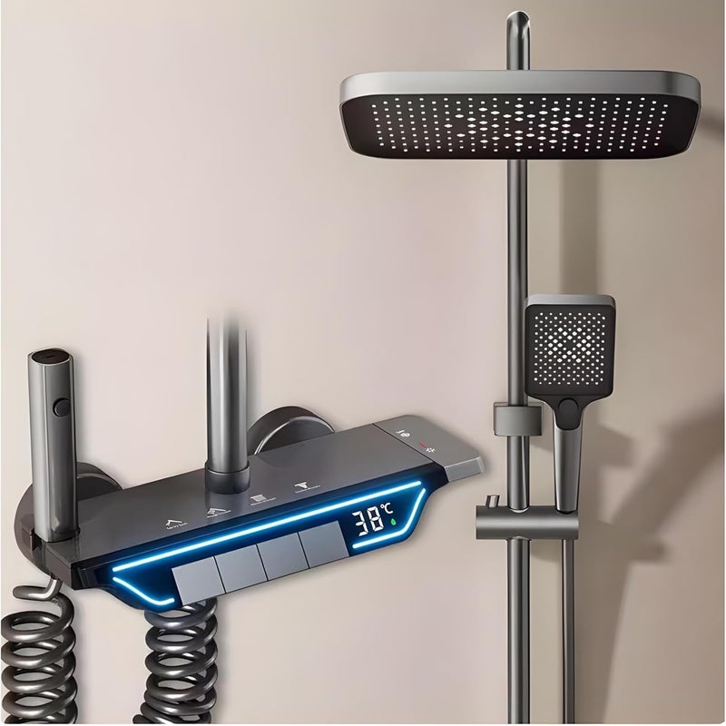 InArt Solid Brass Shower Panel Set Digital Temperature Display 4 Functions Handheld Shower Overhead Rainshower Spout Health Faucet Black - Image 1