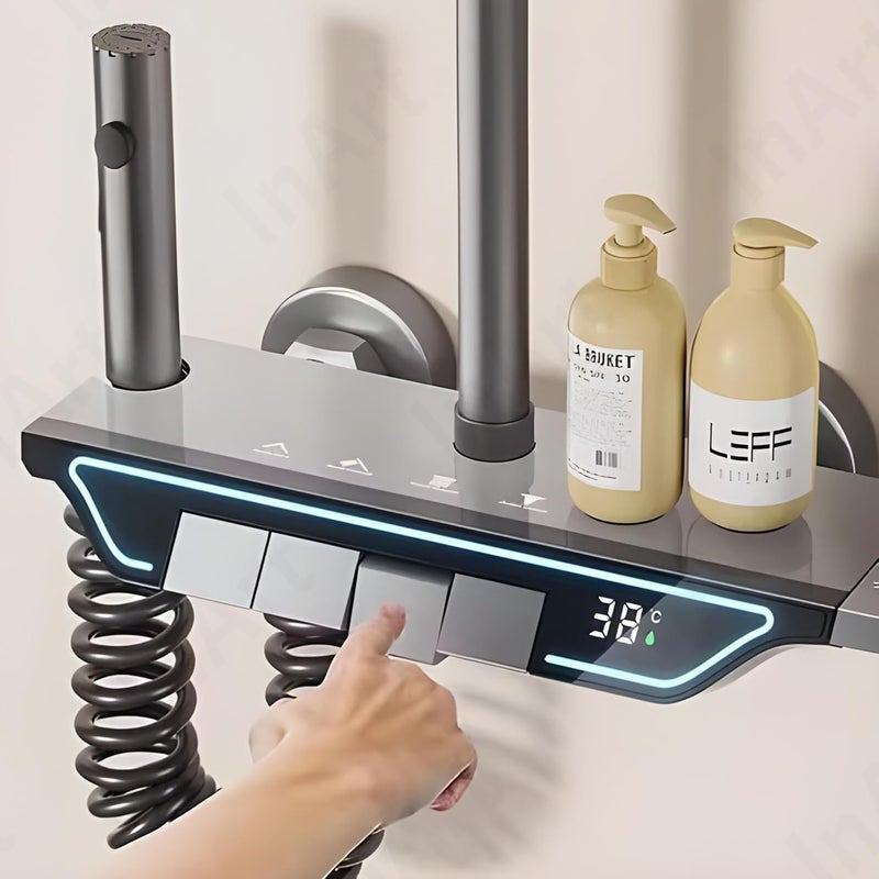 InArt Solid Brass Shower Panel Set Digital Temperature Display 4 Functions Handheld Shower Overhead Rainshower Spout Health Faucet Black - Image 2