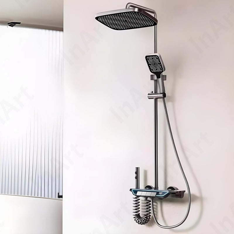 InArt Solid Brass Shower Panel Set Digital Temperature Display 4 Functions Handheld Shower Overhead Rainshower Spout Health Faucet Black - Image 5