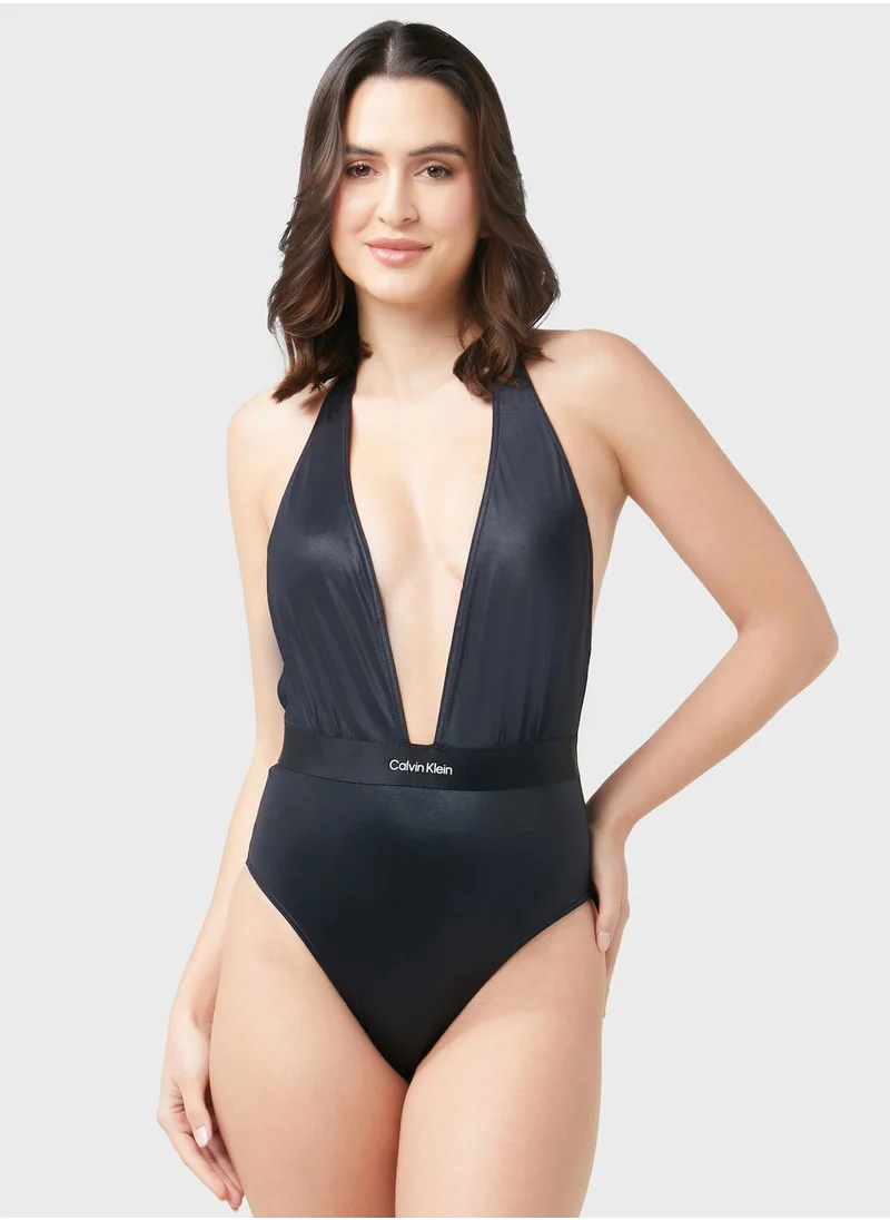 CALVIN KLEIN Halter Neck Logo High Leg Swimsuit