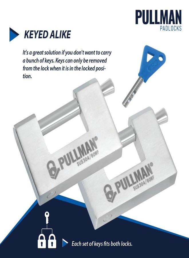 بولمان أقفال متينة متشابهة المفاتيح مزودة بأربعة مفاتيح - أقفال عالية الأمان للمرآب والمستودعات والحاويات (عبوة من قطعتين) (80 مم) - Image 2