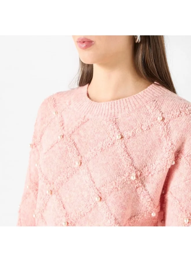2Xtremz 2Xtremz Pearl Embellished Sweater with Round Neck and Long Sleeves