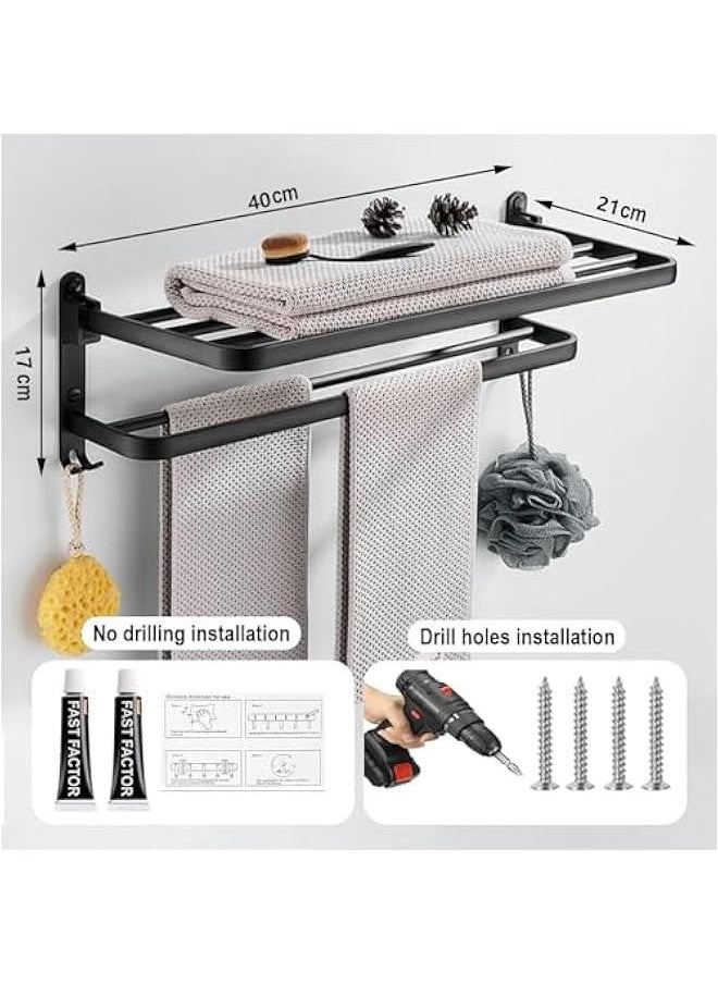HOOKOR No Drilling Towel Rack Foldable Towel Shelf Towel Bar Towel Holder for Bathroom Wall, Matte Black Towel Holder Bathroom Accessories, Bathroom Towel Rack Wall Mounted Stainless Steel 16 Inch  - Image 2