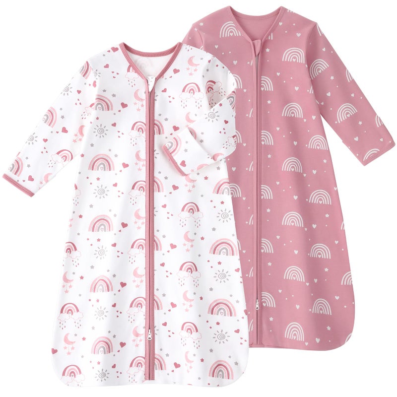 FIEMOL Baby Sleep Sack 0-6 Months, Long Sleeve Baby Wearable Blanket 0.5 Tog with Mittens, 2-Way Zipper Newborn Cotton Sleeping Sack for Boy and Girl Pink Rainbow 2 Pack (Small) - Image 1