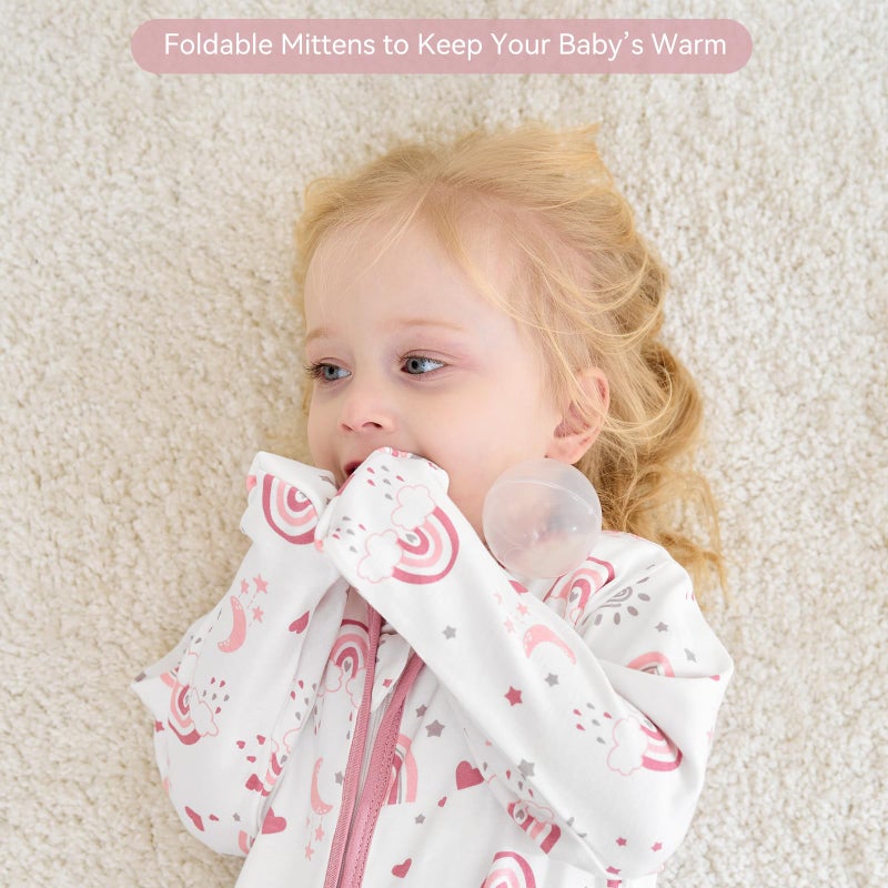 FIEMOL Baby Sleep Sack 0-6 Months, Long Sleeve Baby Wearable Blanket 0.5 Tog with Mittens, 2-Way Zipper Newborn Cotton Sleeping Sack for Boy and Girl Pink Rainbow 2 Pack (Small) - Image 3