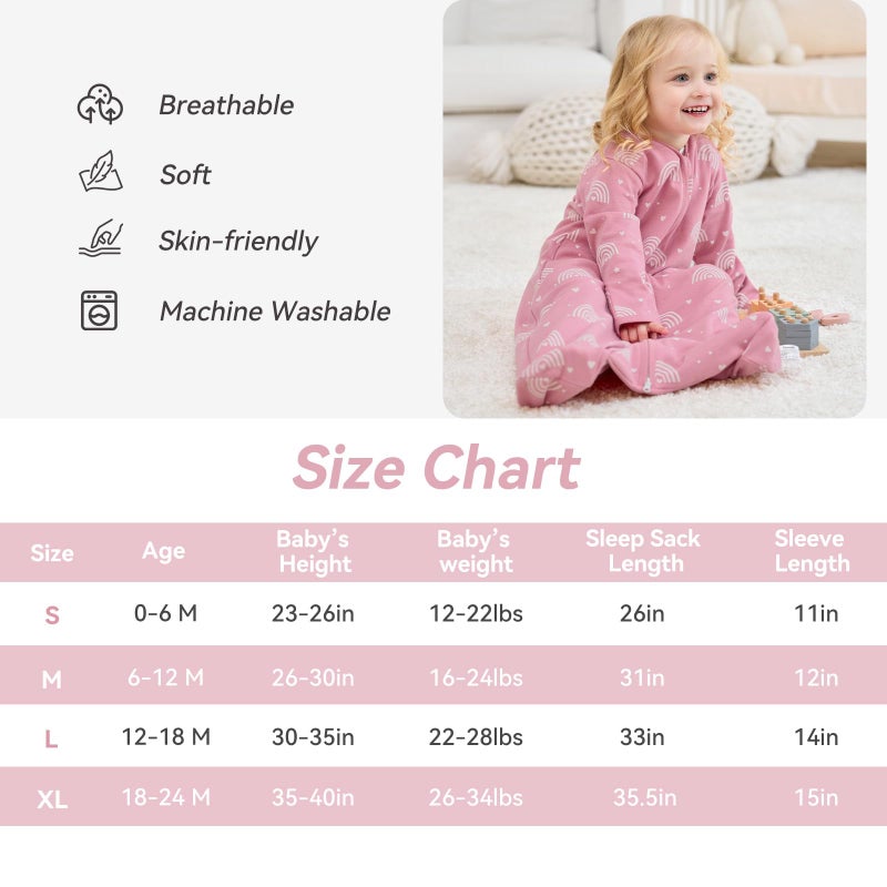 FIEMOL Baby Sleep Sack 0-6 Months, Long Sleeve Baby Wearable Blanket 0.5 Tog with Mittens, 2-Way Zipper Newborn Cotton Sleeping Sack for Boy and Girl Pink Rainbow 2 Pack (Small) - Image 4