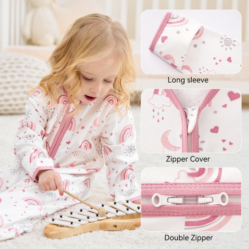 FIEMOL Baby Sleep Sack 0-6 Months, Long Sleeve Baby Wearable Blanket 0.5 Tog with Mittens, 2-Way Zipper Newborn Cotton Sleeping Sack for Boy and Girl Pink Rainbow 2 Pack (Small) - Image 2