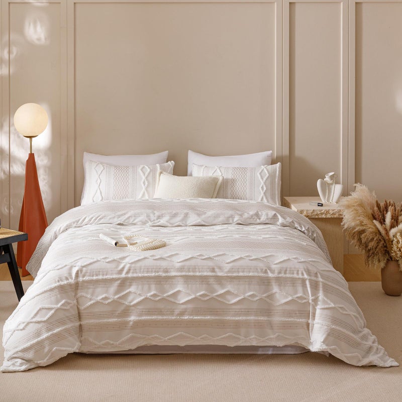 KAREVER Ivory Boho Comforter Set Queen Mixed Textures Jacquard Bedding Set Durable Chic and Stylish Bedroom Set - Image 1
