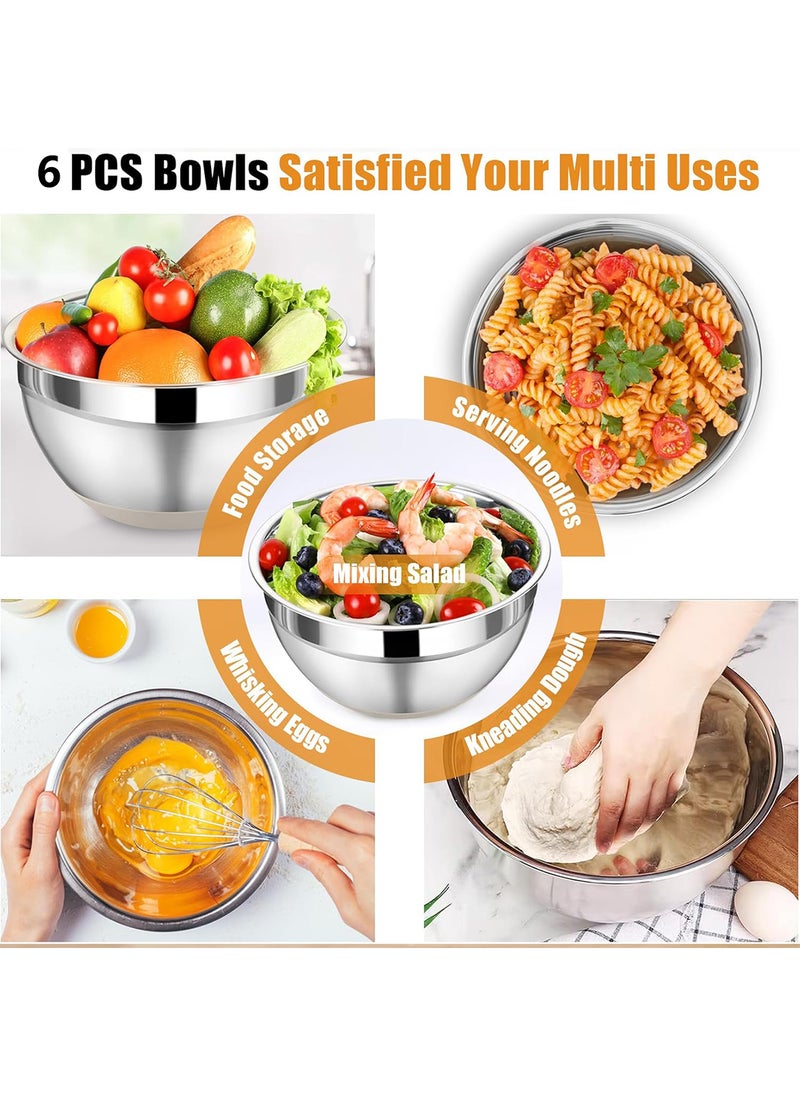 Sharpdo Mixing Bowls with Airtight Lids Set, 15 PCS Stainless Steel Khaki Bowls with Grater Attachments, Non-Slip Bottoms & Kitchen Gadgets Set, Size 18/20/22/24/26/28CM Silver Great for Mixing & Serving - Image 2