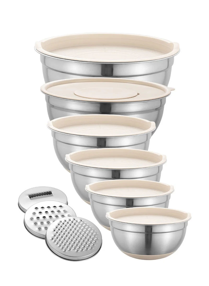 Sharpdo Mixing Bowls with Airtight Lids Set, 15 PCS Stainless Steel Khaki Bowls with Grater Attachments, Non-Slip Bottoms & Kitchen Gadgets Set, Size 18/20/22/24/26/28CM Silver Great for Mixing & Serving