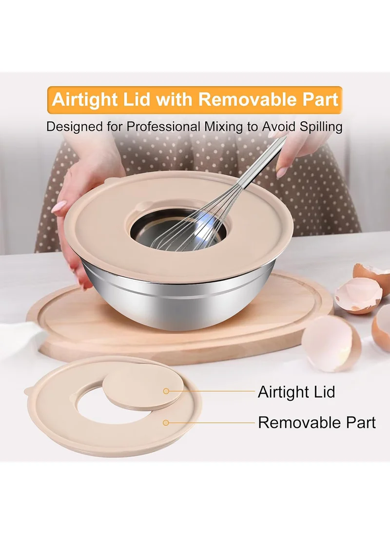 Sharpdo Mixing Bowls with Airtight Lids Set, 15 PCS Stainless Steel Khaki Bowls with Grater Attachments, Non-Slip Bottoms & Kitchen Gadgets Set, Size 18/20/22/24/26/28CM Silver Great for Mixing & Serving