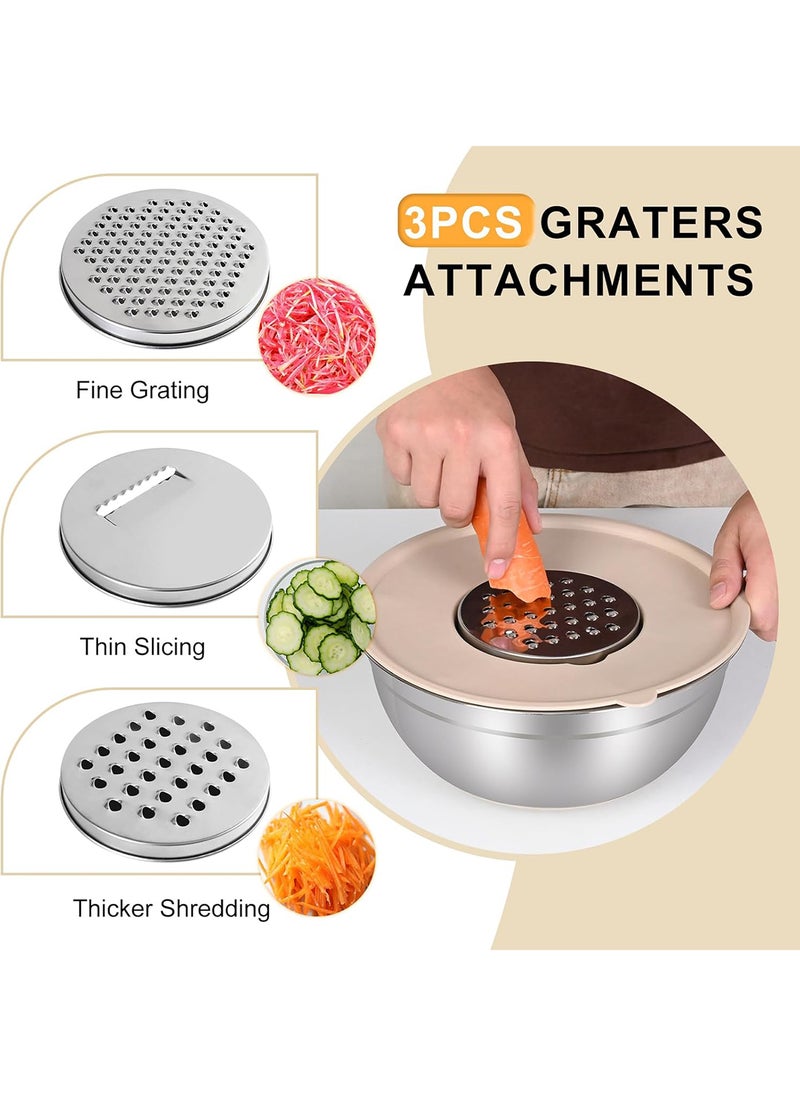 Sharpdo - Mixing Bowls with Airtight Lids Set, 15 PCS Stainless Steel Khaki Bowls with Grater Attachments, Non-Slip Bottoms & Kitchen Gadgets Set, Size 18/20/22/24/26/28CM Silver Great for Mixing & Serving - Image 1