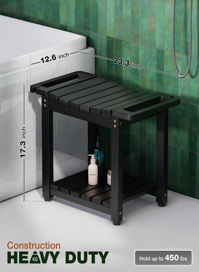 BLUEWEST Shower Bench with Seat and Storage Shelf, Natural Wood Shower Benches for Use Inside Shower, Waterproof Bathroom Spa Bench for Shaving Legs with Handle - Image 3