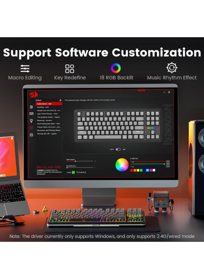 REDRAGON K734 Wireless Mechanical Keyboard,3-Modes Bluetooth Gasket Hot Swappable TKL RGB Custom Keyboard,Pre-lubed Switches,Side Printed PBT Gradient Keycaps, South-Facing LEDs Socket - Image 4