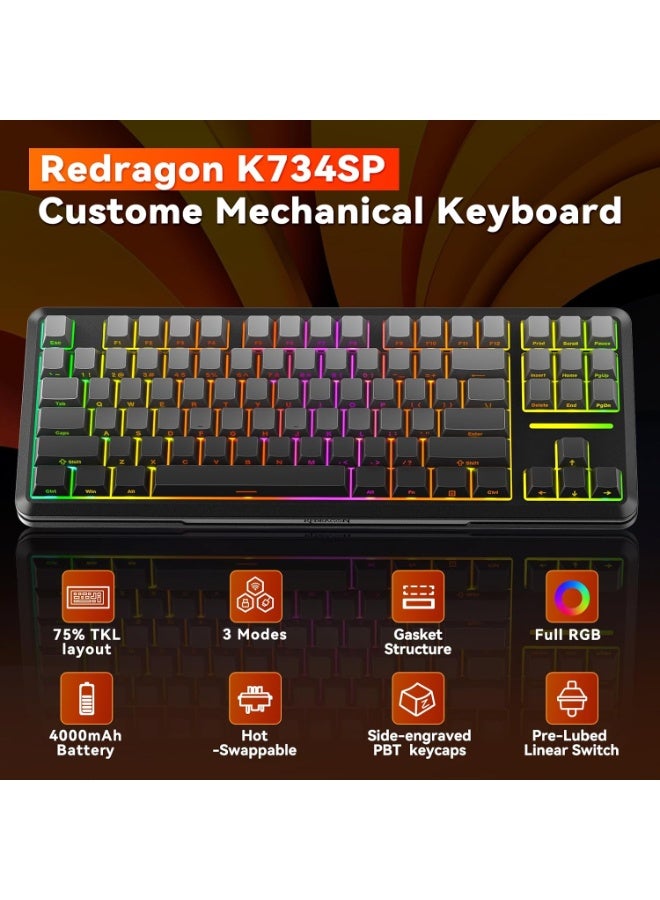 REDRAGON K734 Wireless Mechanical Keyboard,3-Modes Bluetooth Gasket Hot Swappable TKL RGB Custom Keyboard,Pre-lubed Switches,Side Printed PBT Gradient Keycaps, South-Facing LEDs Socket - Image 5