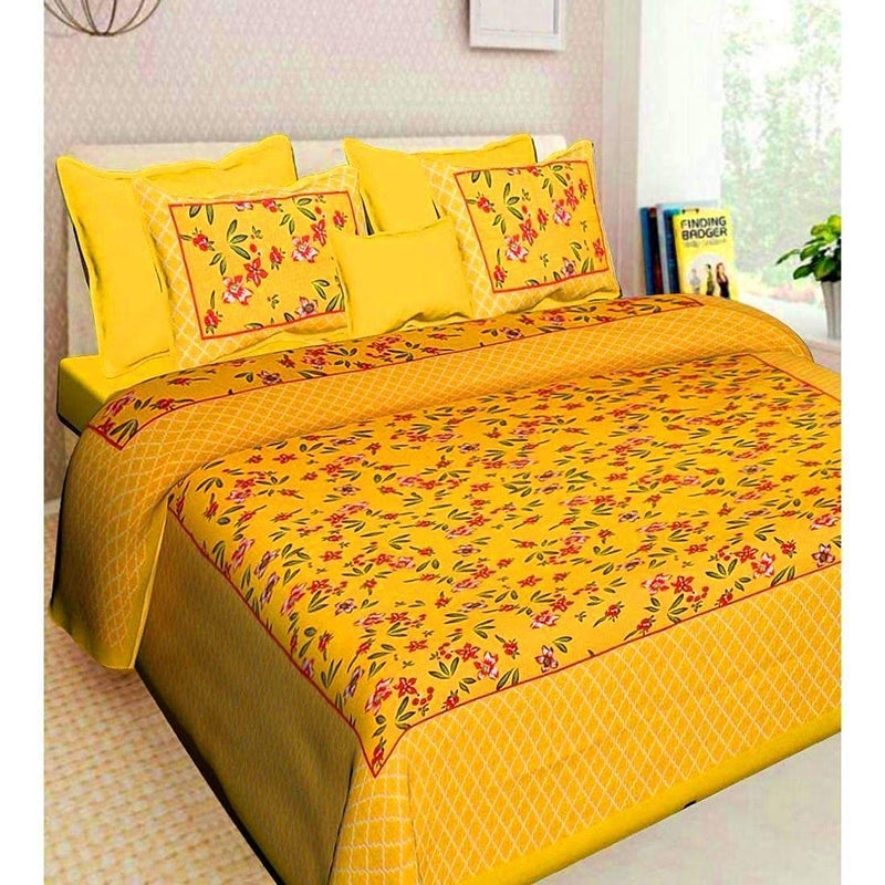 Ealth Kart Premium 100% Cotton Rajasthani Jaipuri Traditional King Size Double Bedsheet with 2 Pillow Covers (Yellow) - Image 4